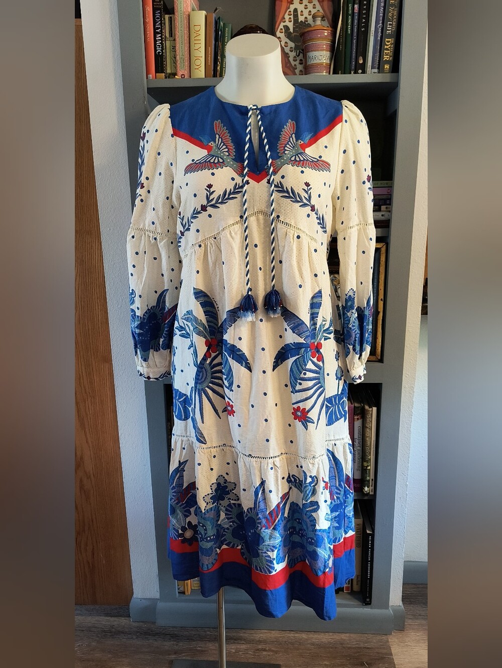 FARM Rio Blue & White Embroidered Tiered Boho Bird  Dress with Tassel Tie